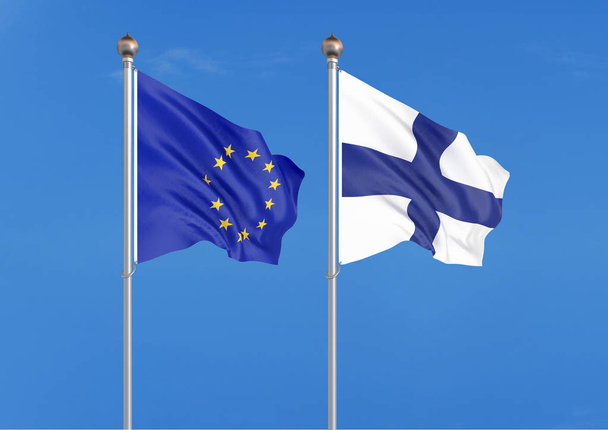 Európai Unió vs Finnország. Az Európai Unió és Finnország vastag színes, selymes zászlói. 3D illusztráció az égbolt háttereként-illusztráció - Fotó, kép