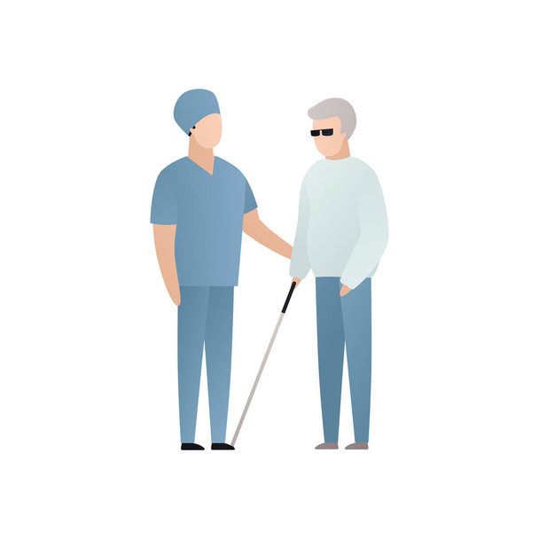 Personaje ciego vectorial personas ilustración plana. Trabajador médico en uniforme cuidado de hombre mayor con gafas y palo aislado en blanco. Elemento de diseño moderno para el servicio de salud, accesibilidad
 - Vector, Imagen