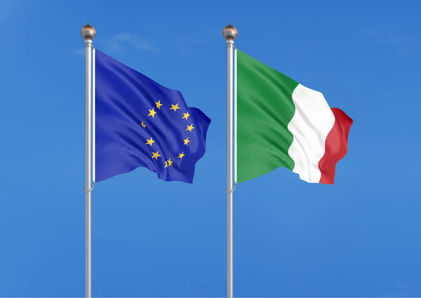 Європейський Союз проти Італії. Товсті кольорові шовковистою прапорами Європейського Союзу та Італії. 3D ілюстрація на тлі неба-ілюстрація - Фото, зображення