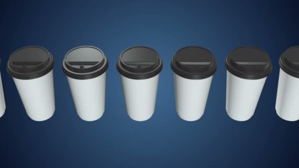 Disposable coffee cups. Row of Blank paper mug with plastic cap - Video
