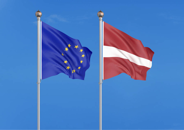 Europäische Union gegen Lettland. dicke farbige seidene Flaggen der Europäischen Union und Lettlands. 3D Illustration auf Himmelshintergrund - Illustration - Foto, Bild