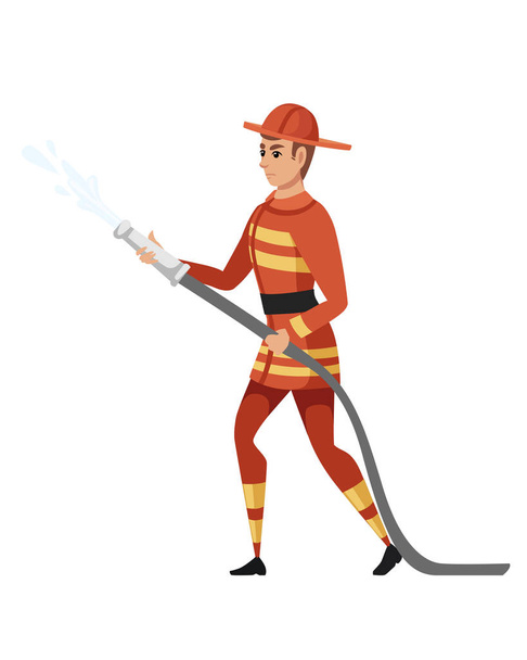 Ενήλικος αρσενικό πυροσβέστης στέκεται στο έδαφος φορώντας πυρίμαχο μορφή κρατώντας ένα σωλήνα φωτιάς και βάζοντας μια φωτιά με το νερό κινούμενα σχέδια χαρακτήρα σχέδιο επίπεδη διανυσματική απεικόνιση - Διάνυσμα, εικόνα