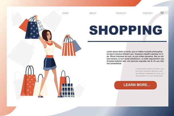 Happy woman holding the many various shopping bags cartoon character design flat vector illustration on white background web site page design - Vector, Image