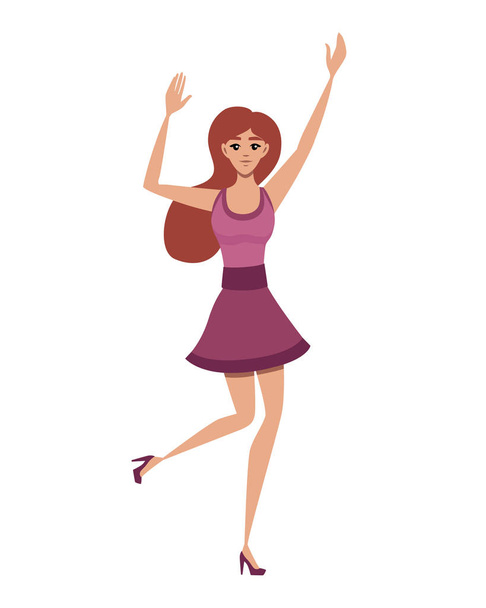 glückliche Frau in lässiger Kleidung mit nach oben erhobenen Armen Cartoon-Charakter Design flache Vektorillustration isoliert auf weißem Hintergrund - Vektor, Bild
