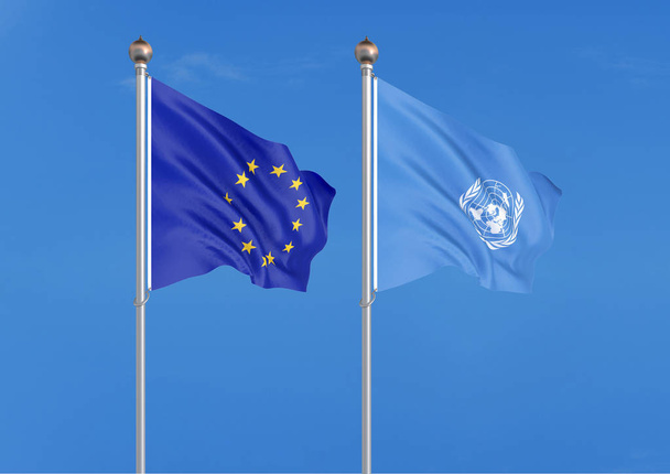 Європейський Союз проти організації Об'єднаних Націй. Товсті кольорові шовковистою прапорами Європейського Союзу та організації Об'єднаних Націй 3D ілюстрація на Sky фон-ілюстрація - Фото, зображення