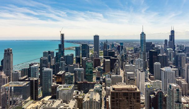 Chicago city skyscrapers aerial view, blue sky background. Skydeck observation - Photo, Image