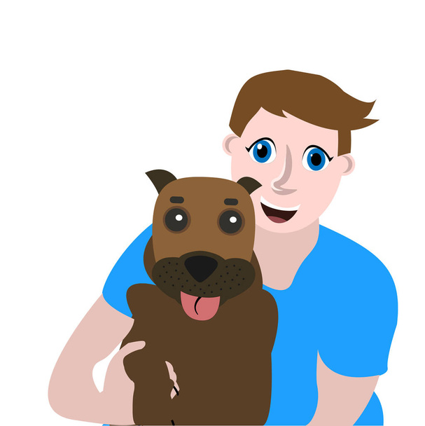 flache Vektorillustration, fröhliches Porträt eines Mannes mit Hund. Konzept der Freundschaft eines Mannes mit einem Hund. - Vektor, Bild