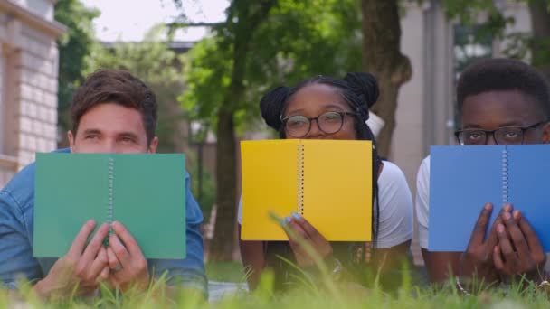 Veel etnische studenten in een stadspark. liggend op het gras met notebooks - Video