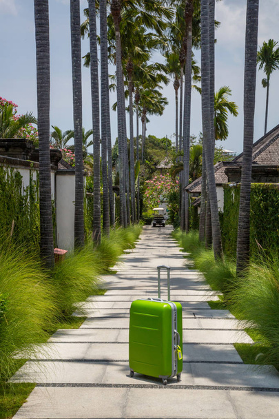 grünes Gepäck im Tropenresort, Ankunft am Sommerurlaubsziel, keine Menschen - Foto, Bild