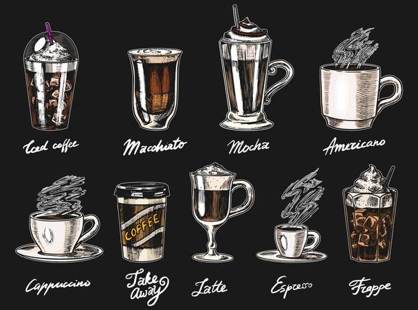 Set kopjes koffie in vintage stijl. Neem cappuccino en Glace, espresso en Latte, mokka en Americano, frappe in een glas weg. Hand getekende gegraveerde retro schets. - Vector, afbeelding