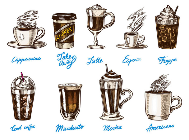 Ensemble de tasses de café dans un style vintage. Emporter Cappuccino et Glace, expresso et latte, moka et Americano, frapper dans un verre. Croquis rétro gravé à la main
. - Vecteur, image