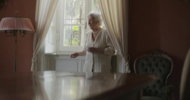 Multigeneration women talking together. Senior grandma woman smiling with her granddaughter visiting near window drinking tea or coffee.White hair elderly grandmother at home.4k slow motion - Video