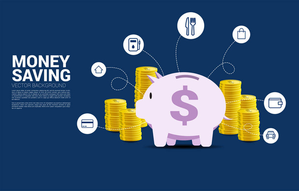 stack of dollar coin and piggy bank with monthly cost icon. Concept of daily cost and money saving. - Vector, Image