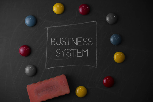 A Business System (üzleti rendszer) szöveges jele. Fogalmi fotó a módszer elemzi az információkat a szervezetek kerek lakás alakú kövek egy radír bottal a régi kréta fekete fórumon. - Fotó, kép