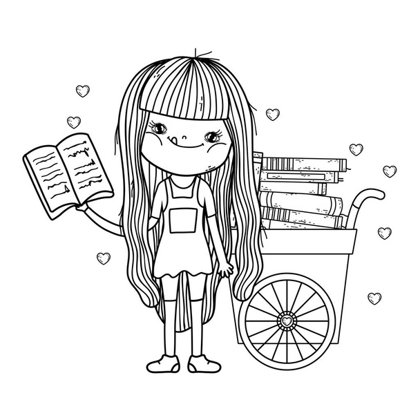 heureuse petite fille lecture de livres avec chariot
 - Vecteur, image
