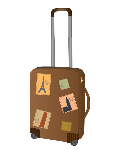 braune Reisetasche mit Aufklebern - Vektor, Bild