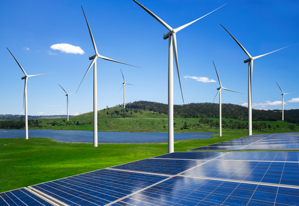 Solar panel and wind turbine farm clean energy. - Photo, Image
