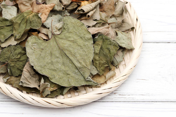 Houttuynia cordata leaves, dried dokudami on white background  - Photo, Image