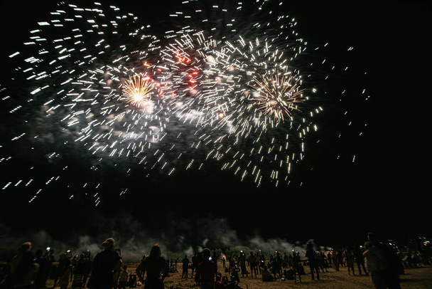 Echt vuurwerk op Deep Black achtergrond hemel op futuristische Fireworks Festival show voor Independence Day op 4 van juli - Foto, afbeelding