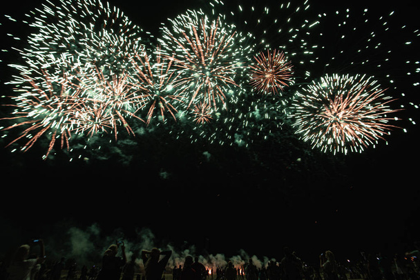 Skutečné ohňostroje na hlubokém černém pozadí nebe na futuristickém festivalu zábavní pyrotechniky před dnem nezávislosti 4. - Fotografie, Obrázek