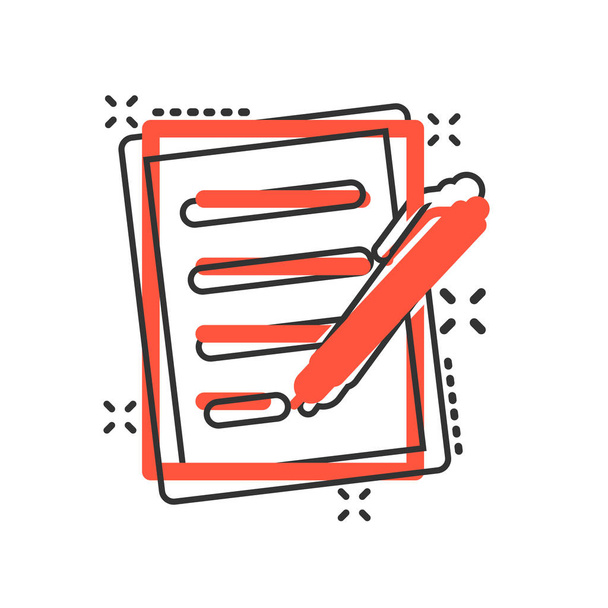 Document with pen icon in comic style. Notepad vector cartoon il - Vector, Image