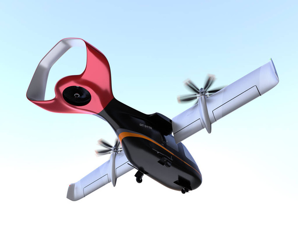 Aviones de pasajeros E-VTOL despegando y volando en el cielo. Concepto de movilidad urbana de pasajeros. Imagen de renderizado 3D
. - Foto, Imagen