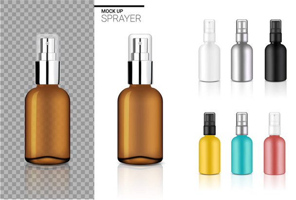Mock up Realistic Spray Bottle Cosmetic Set Template with black, Transparent Amber, Silver, Rose gold, Blue and Yellow Colour on White Background Illustration - Vector, Image
