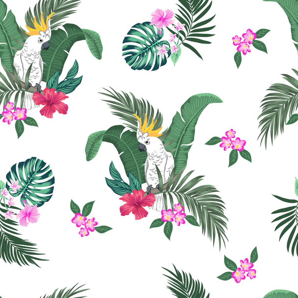vector seamless botanical tropical pattern with parrots and flowers. Floral exotic background design with banana leaf, areca palm leaves, monstera leaves, hibiscus flowers, frangipani. - ベクター画像