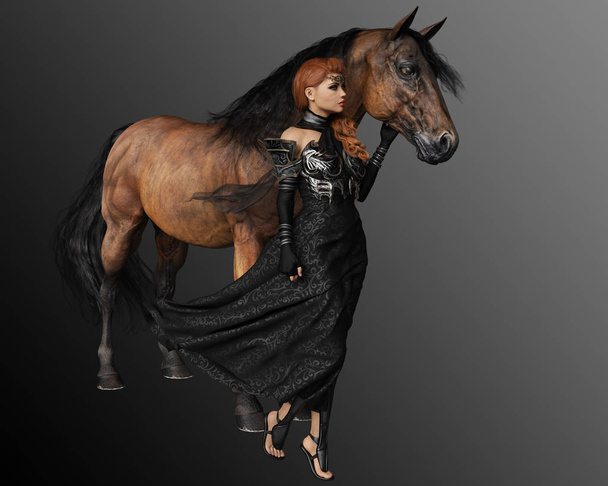 Φανταστική βασίλισσα στο μαύρο παραλία ιππασίας μπαρόκ άλογο - Φωτογραφία, εικόνα