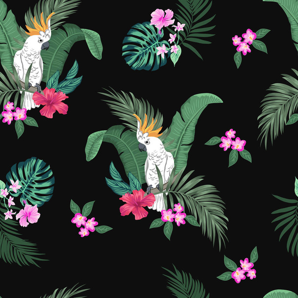 vector seamless botanical tropical pattern with parrots and flowers. Floral exotic background design with banana leaf, areca palm leaves, monstera leaves, hibiscus flowers, frangipani. - Vektor, obrázek