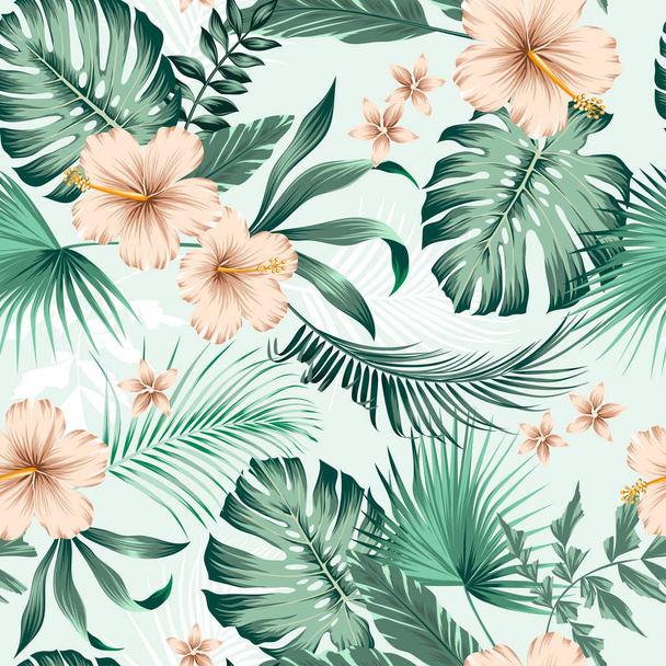 vector seamless botanical tropical pattern with flowers. Lush foliage floral design with monstera leaves, areca palm leaves, fan palm, hibiscus flower, frangipani flower. Modern allover background. - Wektor, obraz
