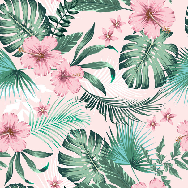 vector seamless botanical tropical pattern with flowers. Lush foliage floral design with monstera leaves, areca palm leaves, fan palm, hibiscus flower, frangipani flower. Modern allover background. - ベクター画像