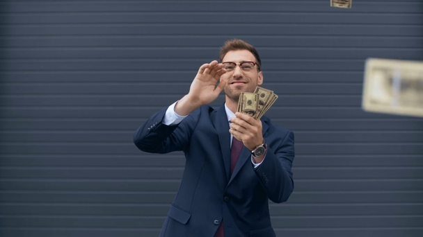 hombre de negocios contando dinero, sonriendo y tirando billetes de dólar
  - Metraje, vídeo