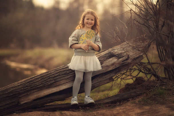 full length shot of smiling girl holding lollipop leaning on log in the park at daytime  - Фото, зображення