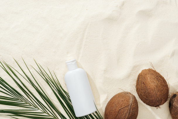 top view of palm leaf, coconuts and sunscreen lotion on sand  - Zdjęcie, obraz