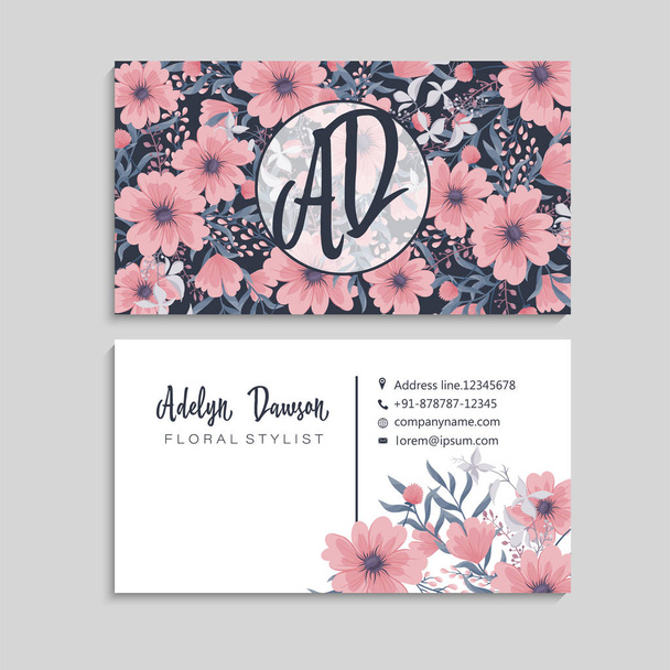 Dark business card with beautiful flowers. Template - Vector, Imagen