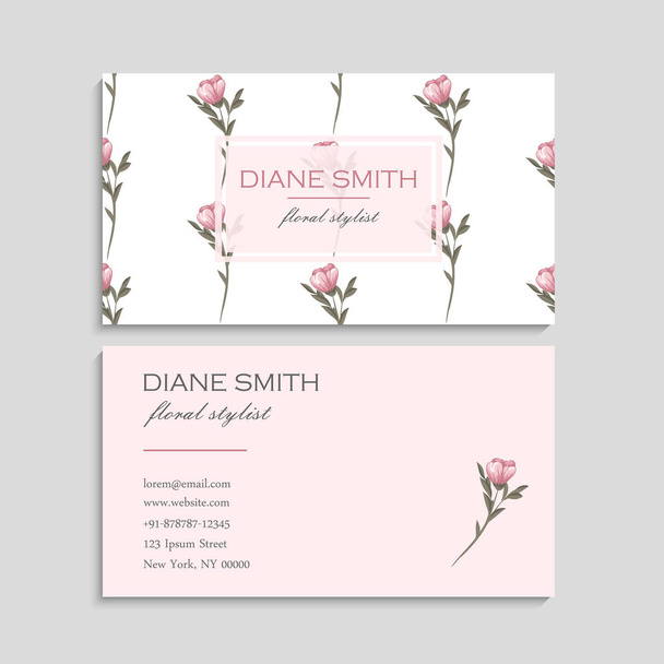 Névjegykártya, gyönyörű rózsaszín virágokkal. Sablon - Vektor, kép