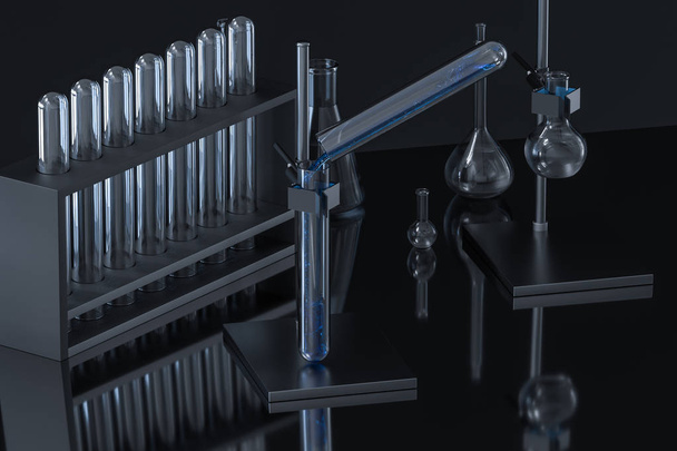 実験室の化学器具および試薬、3Dレンダリング - 写真・画像
