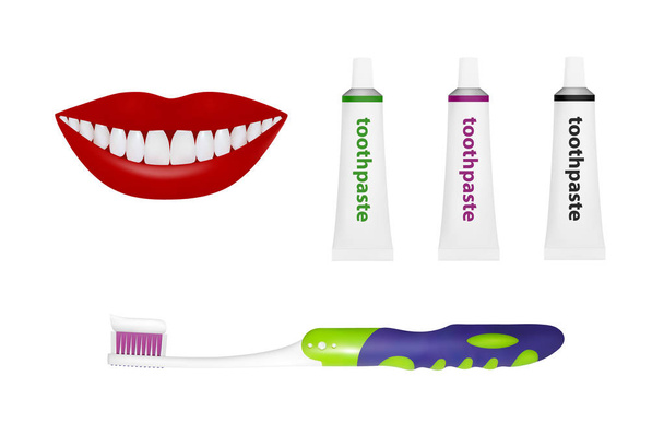Zahnbürste auf weißem Hintergrund. Zahnpasta im Vektor.Hygieneprodukte im Vektor. - Vektor, Bild