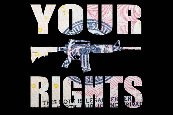あなたの権利のレタリングと銃、黒の背景にお金. - 写真・画像