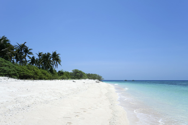 Desert island white sand beach blue sky background - Фото, изображение