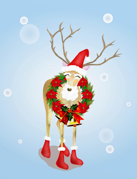 Venado lindo en trajes de Santa y decoración de Navidad de pie en la nieve
 - Foto, Imagen