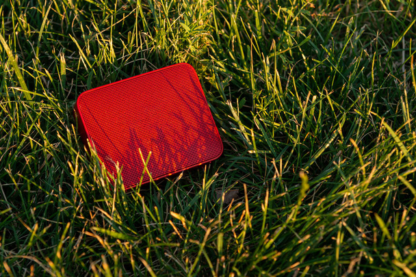 Kırmızı bluetooth hoparlör çim üzerinde yatıyor - Fotoğraf, Görsel