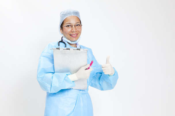 Happy smiling female doctor with okay gesture, isolated on white background - Фото, зображення