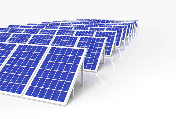 3d rendering. electric energy generator system, solar cells panels field farm industry on white background. - Photo, Image