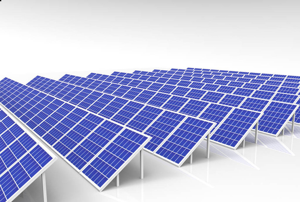 3D-Darstellung. Elektrische Energieerzeugungsanlage, Solarzellen-Paneele Feldbauindustrie auf weißem Hintergrund. - Foto, Bild