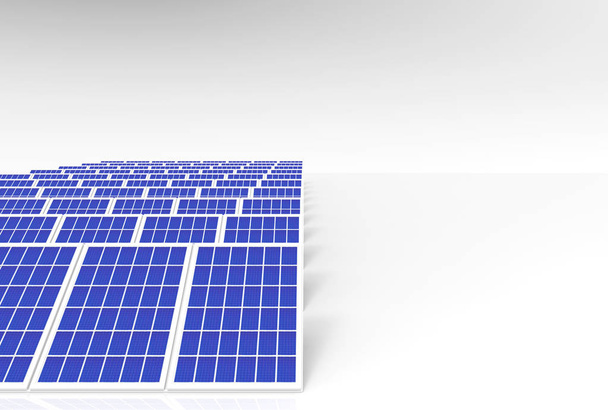 Rendement 3D. système de générateur d'énergie électrique, panneaux solaires champ ferme industrie sur fond blanc
. - Photo, image