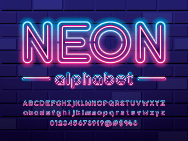Світловий неоновий дизайн алфавіту з верхнім регістром, нижнім регістром, цифрами та символом
 - Вектор, зображення