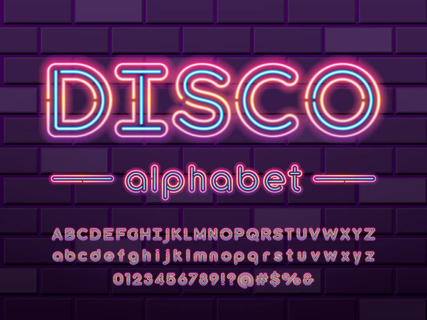 Gloeiend neon licht alfabet ontwerp met hoofdletters, kleine letters, cijfers en symbool - Vector, afbeelding