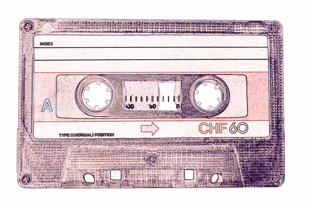 ペン描画テーマで白い背景に分離された古いカセットテープ - 写真・画像